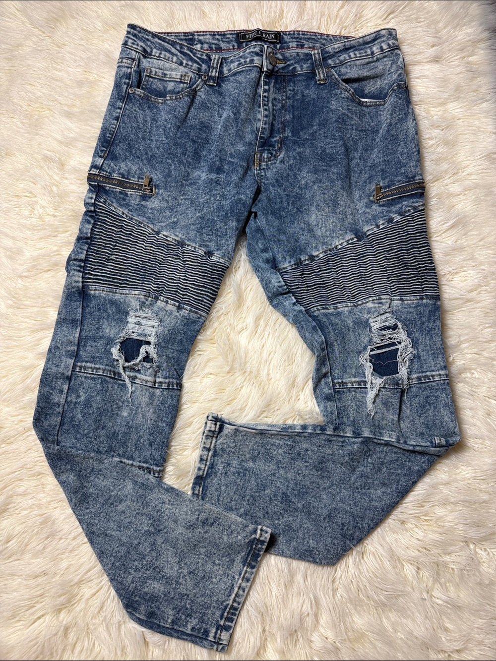 Acid Wash Blue Slim Straight Moto Jeans
